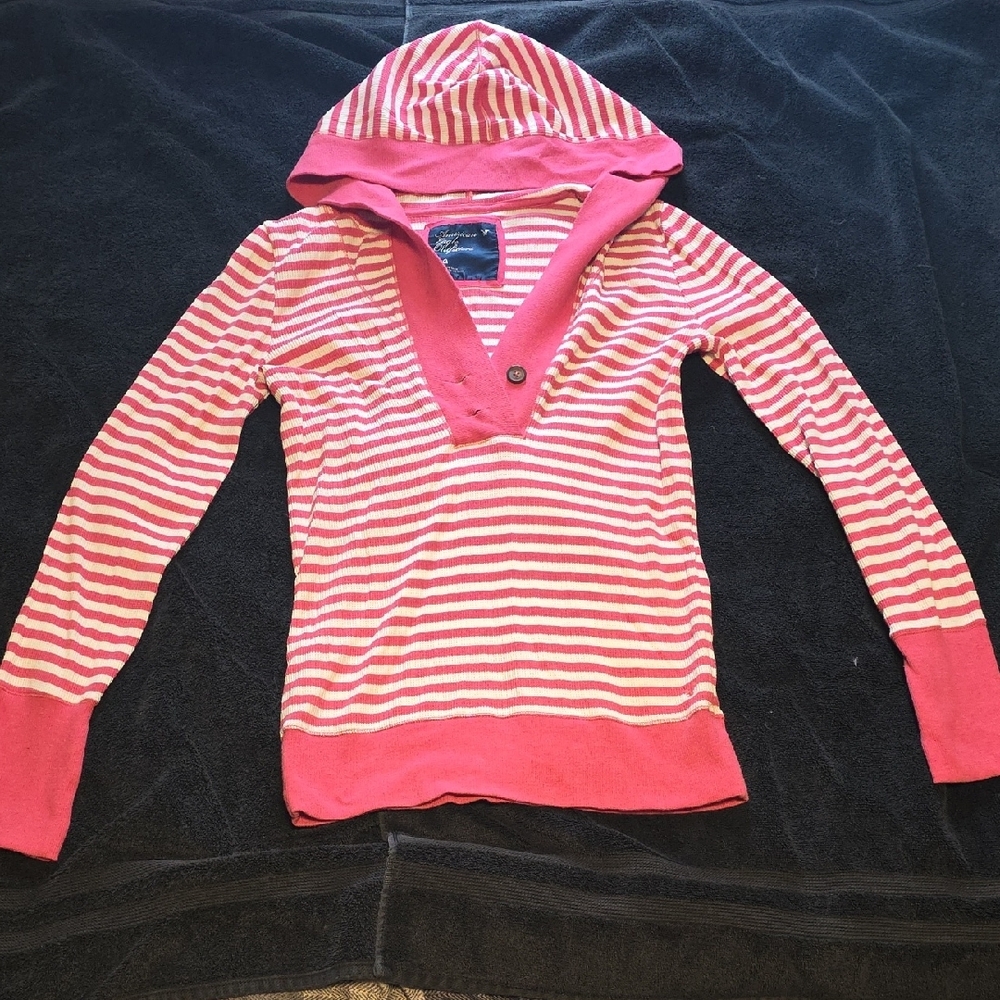 AMERICAN EAGLE Pink and White Striped Hooded Sweater